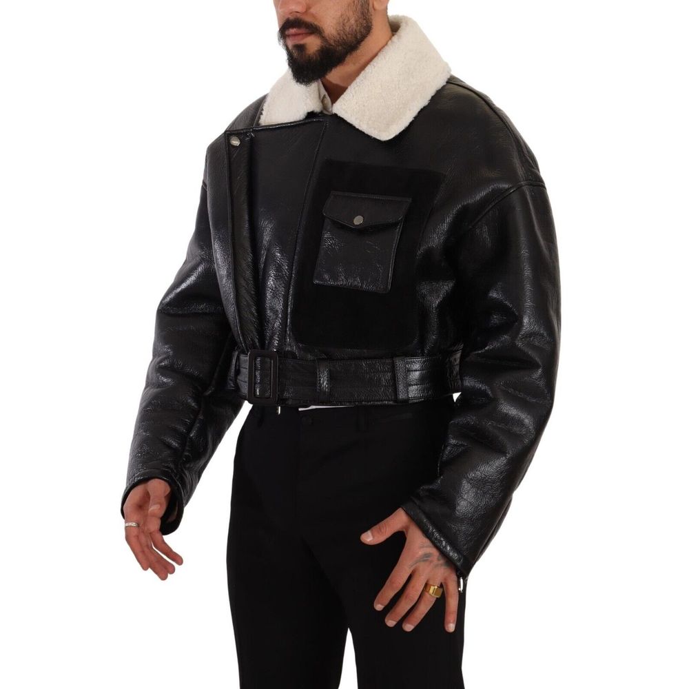 Dolce & Gabbana Black Leather Shearling Biker Coat Jacket - Picture 2 of 6